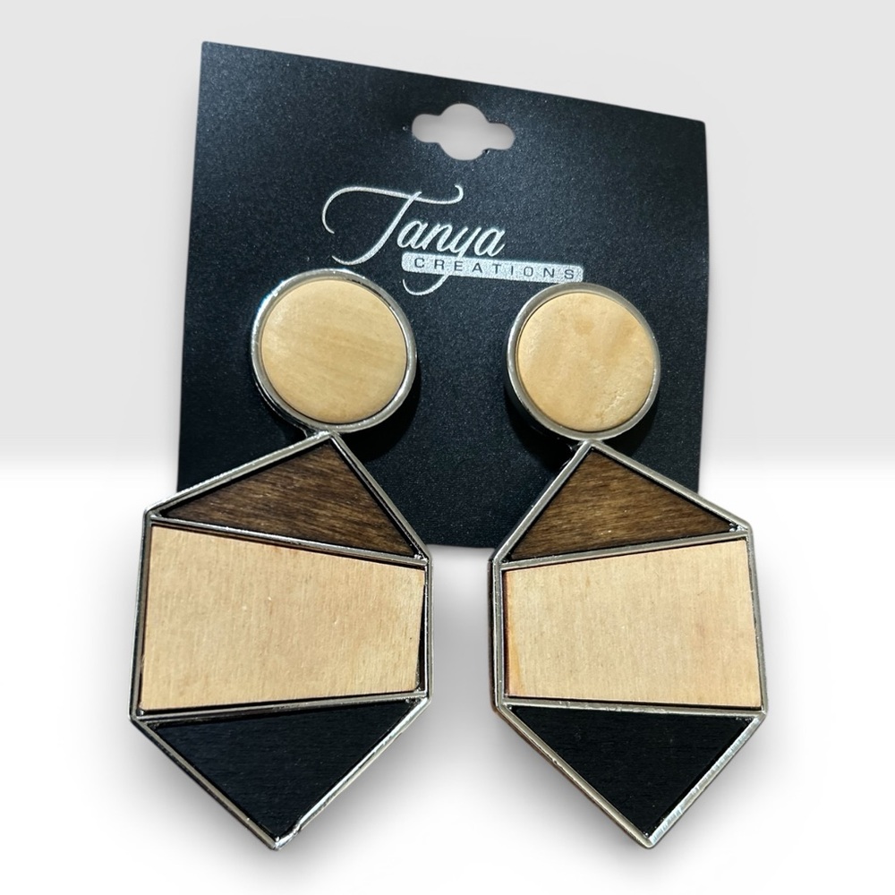 Geometric wood tone dangle earrings with silver accents- Tanya Creations